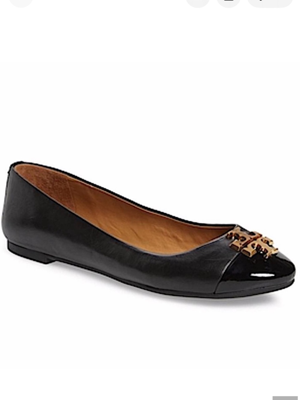 Tory Burch Everly Cap Toe Black Leather Ballet Flat with Gold Logo Cap Toe